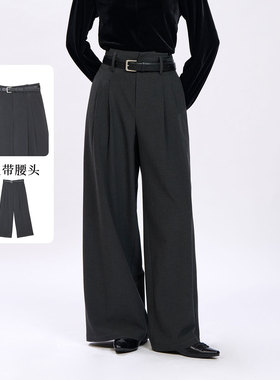 Sweet Basil/紫淑2026春新款女黑色垂感腰带款通勤风高腰阔腿裤