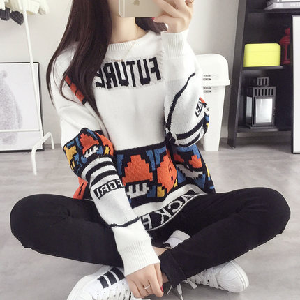 秋装新款卡通图案提花针织衫套头大毛衣女宽松上衣女装外套潮秋冬