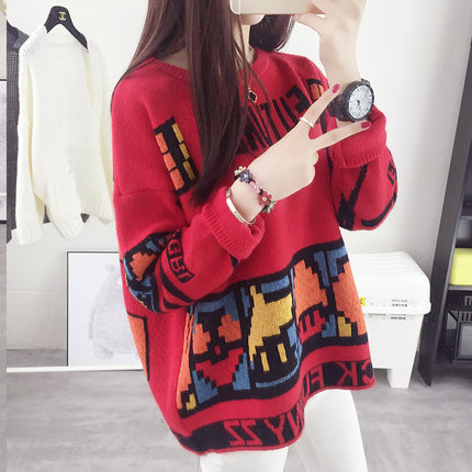 秋装新款卡通图案提花针织衫套头大毛衣女宽松上衣女装外套潮秋冬