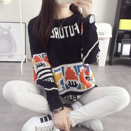 秋装新款卡通图案提花针织衫套头大毛衣女宽松上衣女装外套潮秋冬