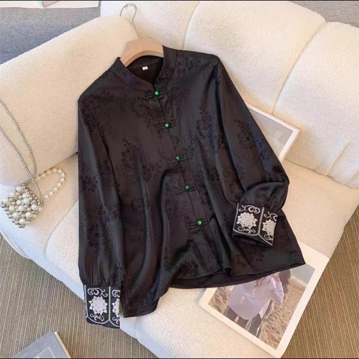 高级感国风提花新中式盘扣立领衬衫女秋季大码胖mm唐装马面裙上衣