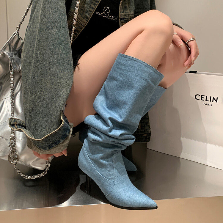 牛仔堆堆靴细跟长靴辣妹美式