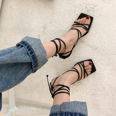 绑带高跟凉鞋细带细跟罗马露趾