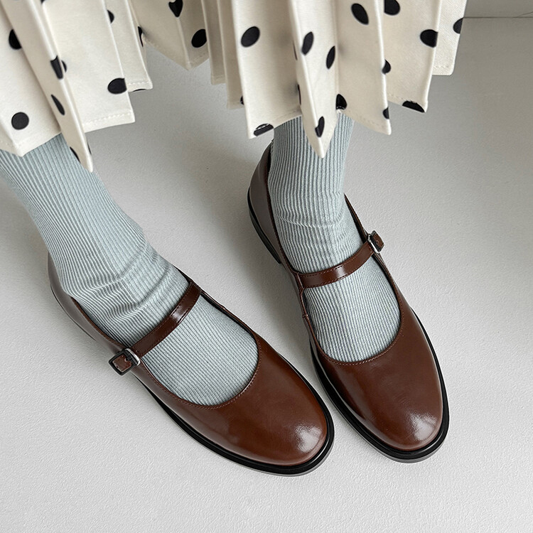 浅口单鞋真皮玛丽珍鞋复古一字带