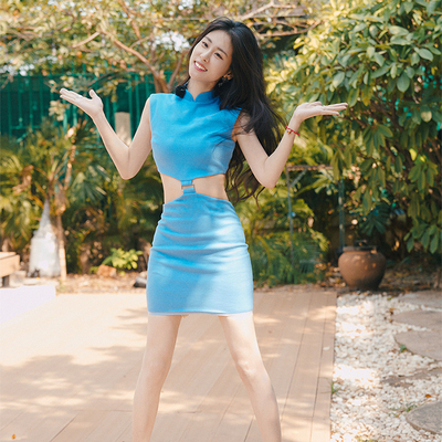 新中式旗袍领镂空腰连衣裙