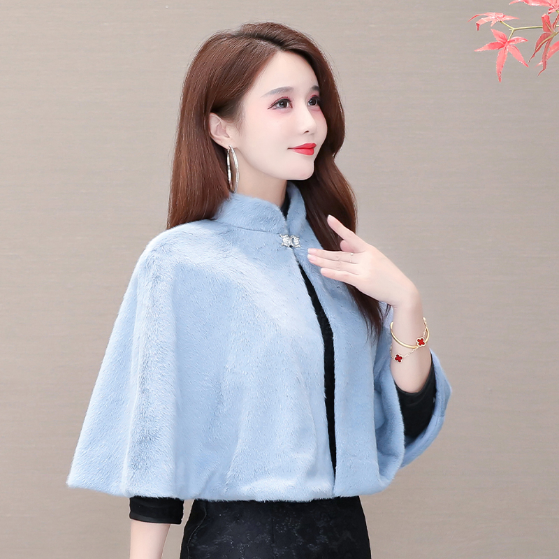 仿兔毛立领外套女秋冬新款妈妈装斗篷披风开衫外穿搭配旗袍披肩