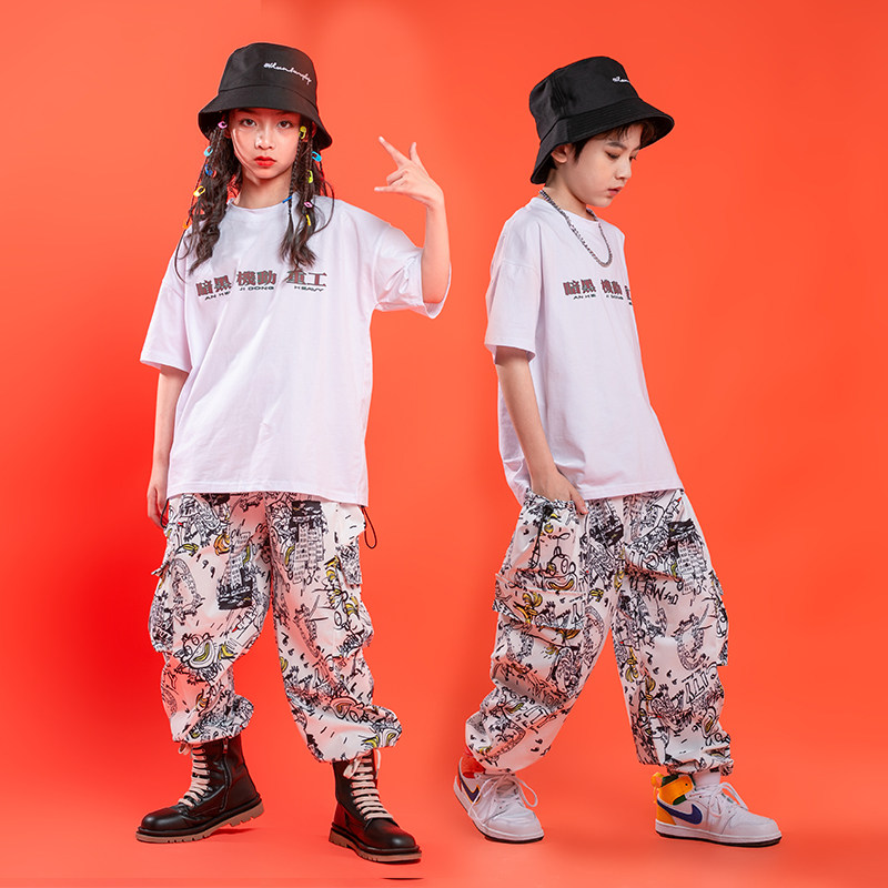 儿童嘻哈男童街舞套装春夏短恤运动裤hiphop女童爵士舞演出服