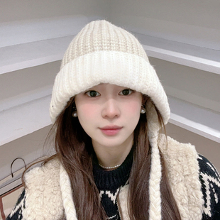 韩版软糯保暖护耳法拉帽女秋冬大版型显脸小毛线帽出街防寒包头帽