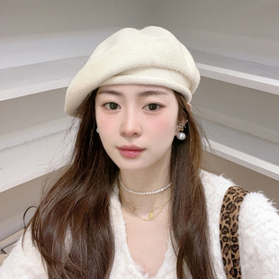 韩货卷边针毛线织雷帽女秋冬凹造型大头围显脸小画家帽保暖云朵帽