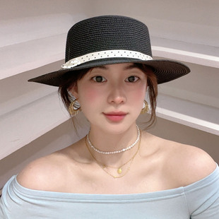 法式复古波点系带平檐草帽女夏季度假防晒遮阳帽海边游玩帽子女潮
