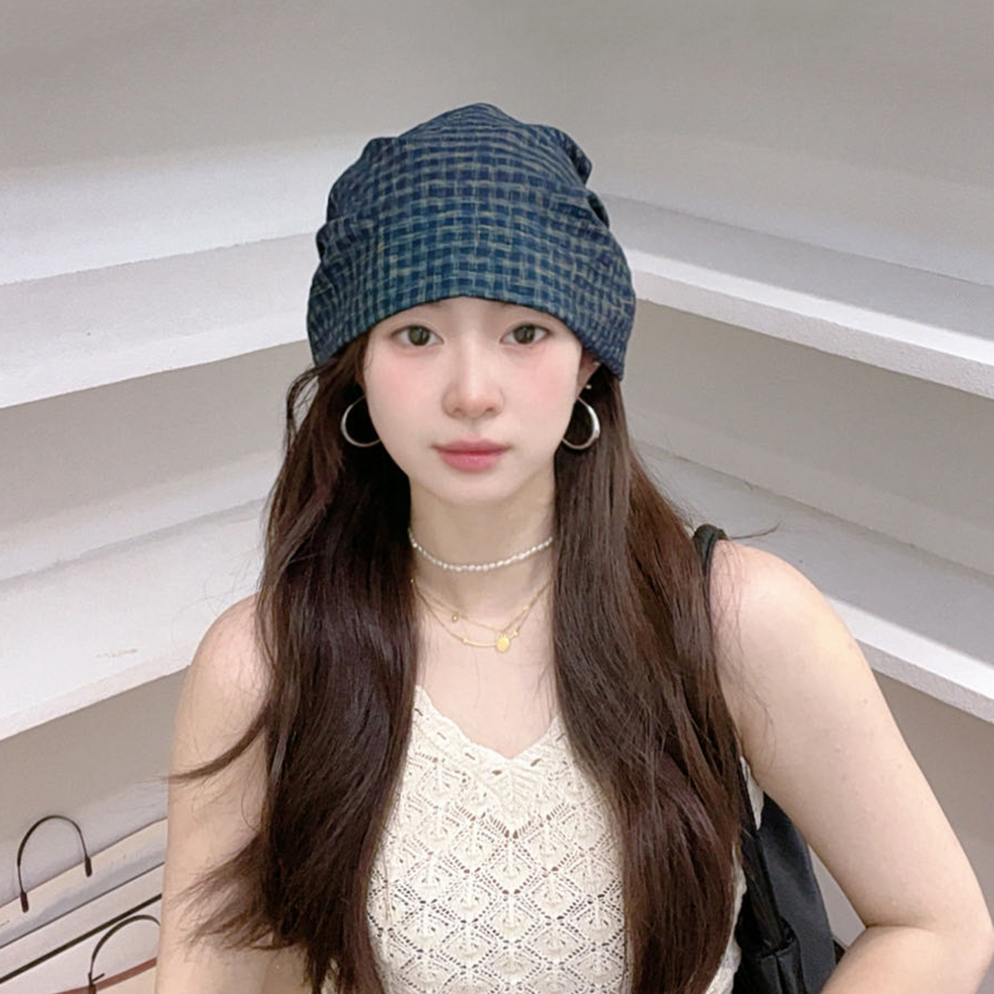 欧韩格纹薄款包头帽子女春夏百搭显脸小头巾帽大头围透气堆堆帽潮