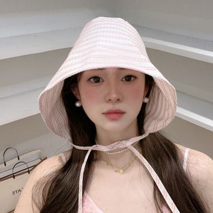 小众韩版条纹环绕式大帽檐渔夫帽女春夏显脸小百搭遮阳水桶帽薄款