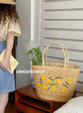 DANKE出口手工刺绣泰国大容量手提草编包夏 法式度假单肩编织包女