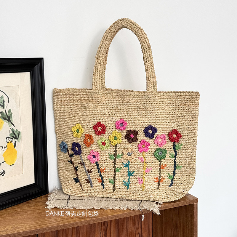 重工可爱彩色花朵草编包大容量单肩托特手工拉菲草编织包度假风夏