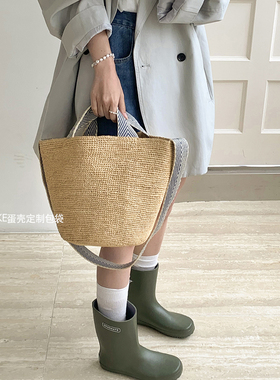 韩风简约休闲通勤百搭手提草编包单肩斜挎水桶编织包法式度假风潮