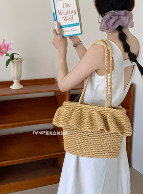 小众设计高级感单肩花边水桶编织包法式度假风草编包海边沙滩包夏