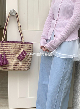 春夏甜美可爱少女单肩草编包 手提托特编织包海边度假沙滩包小众