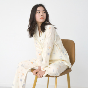 女春季 睡衣花卉小清新双层纱布纯棉奶油色家居服 甜美印花长袖 长裤
