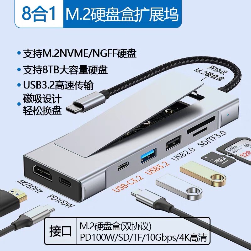 typec硬盘盒扩展坞M.2NVMe+NGFF双协议固态移动硬盘盒HDMI+PD+USB