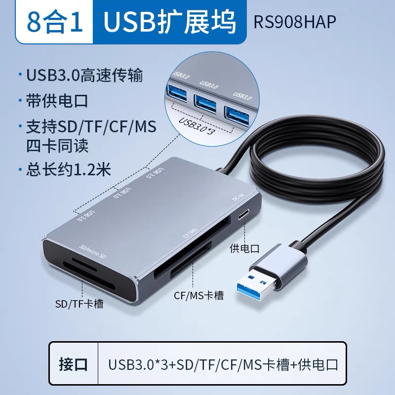 USB扩展坞长线typec手机电脑相机读卡器多接口4.0高速CF卡MS索尼