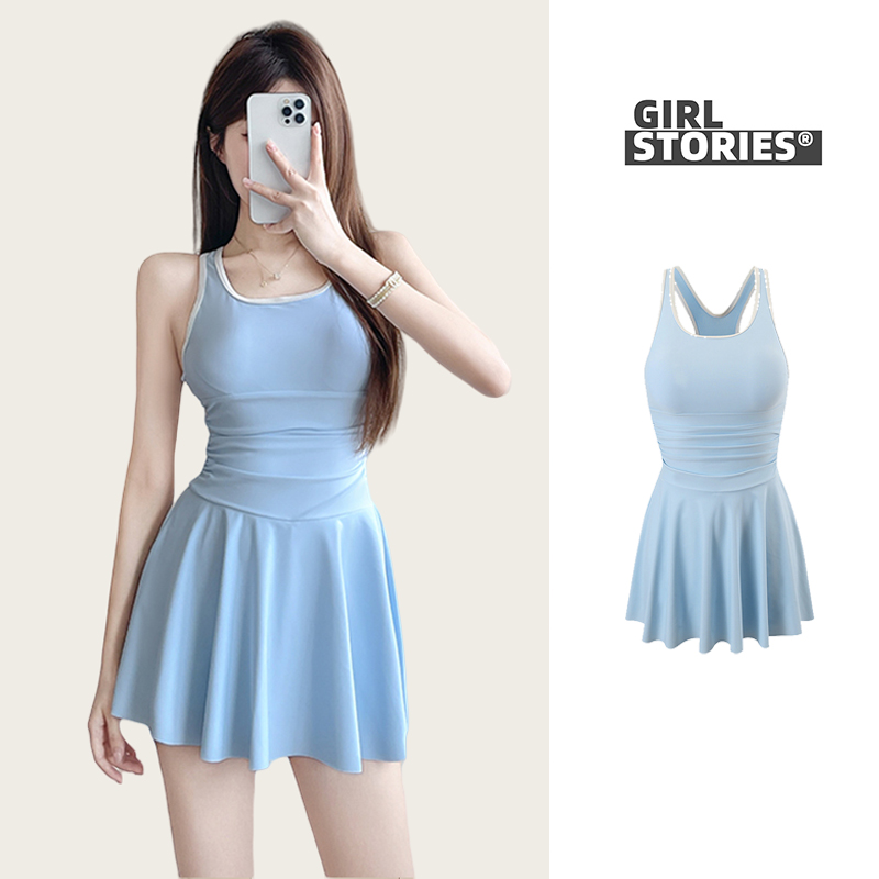Girl stories泳衣女夏连体平角裙式小个子学生学游泳显瘦遮肚保守