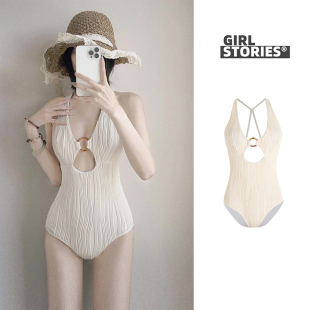 Girl 复古泳衣显瘦性感泡温泉露背度假连体 Stories小众高级感法式