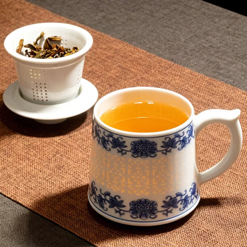 景德镇青花玲珑茶杯带过滤泡茶杯