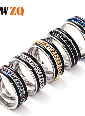 欧美热销钛钢可转动链条戒指男双排滴油不锈钢情侣戒指饰品