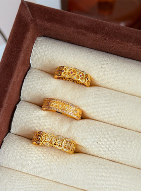 爆款新中式复古风轻奢精致镂空铜钱戒指女小众设计戒子指环