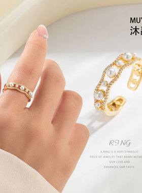 韩版小众轻奢风破浪开口戒指ins潮镂空珍珠极简不规则钻石指环