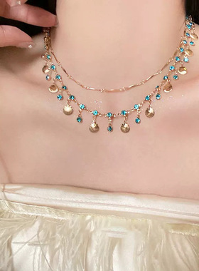 海的女儿蓝色之恋双层贝壳项链精致独特细链条千金choker锁骨链仙