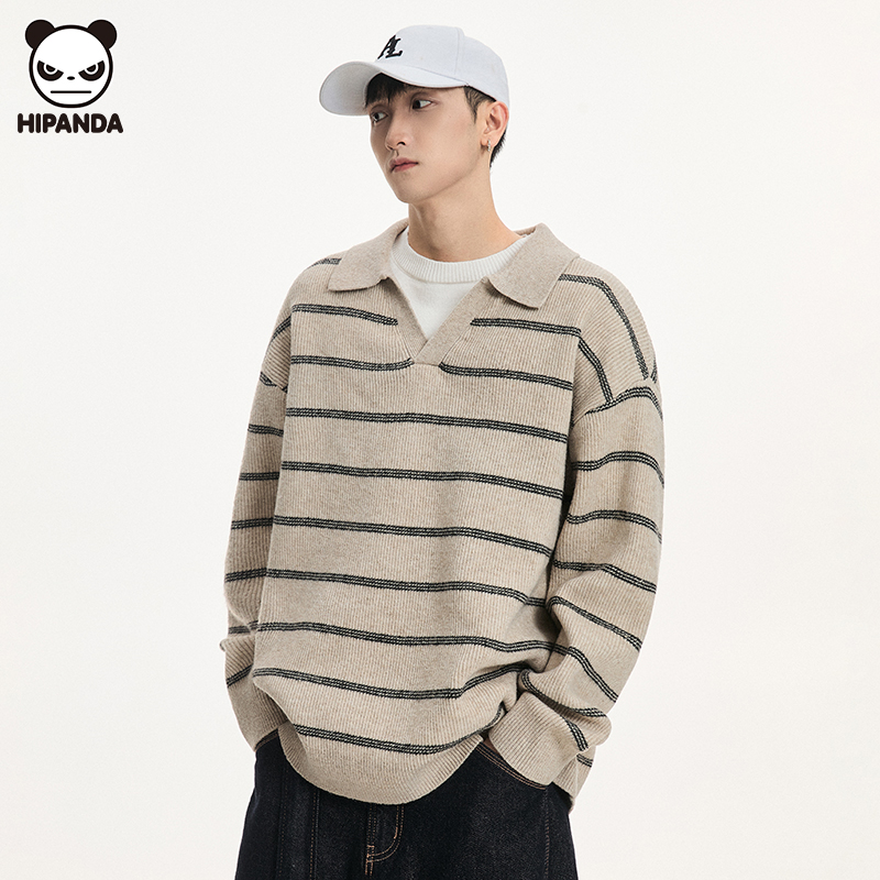 Hi Panda假两件条纹polo领针织衫毛衣男秋冬新款宽松休闲保暖上衣