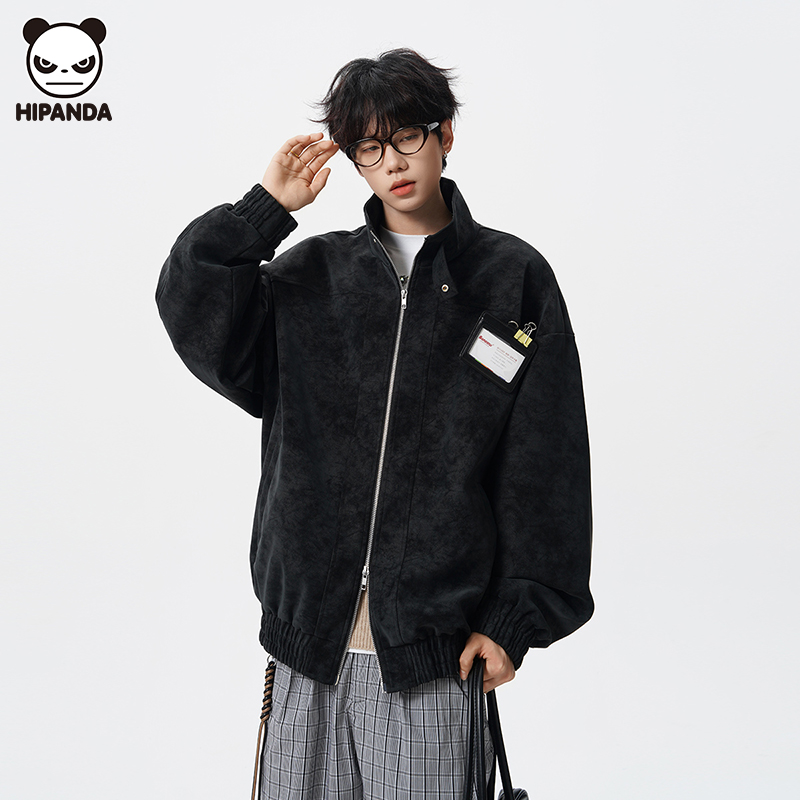 Hi Panda高街痞帅立领皮衣夹克男生秋冬季新款美复古宽松休闲外套