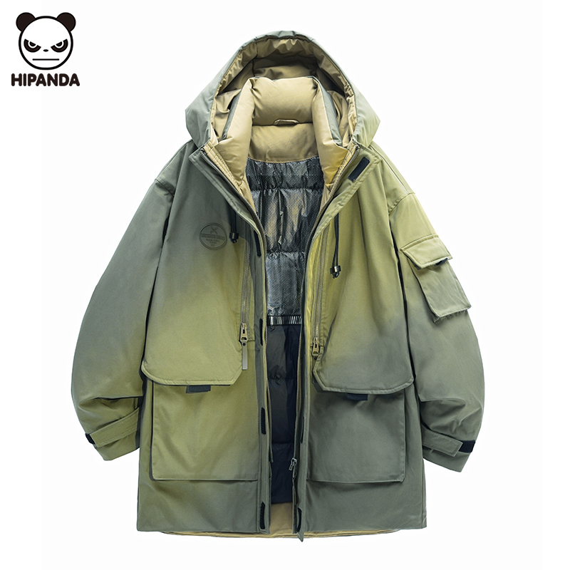 Hi Panda中长款宽松潮流羽绒服男冬季多口袋工装连帽加厚保暖外套