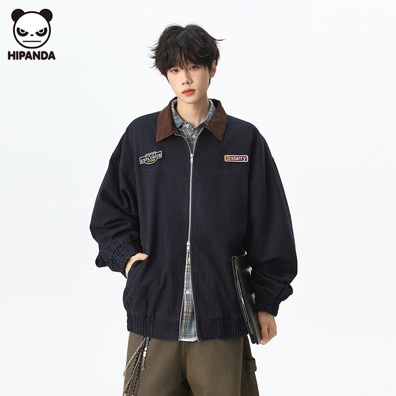Hi Panda潮牌翻领夹克外套男生秋冬新款美式宽松高街痞帅百搭上衣