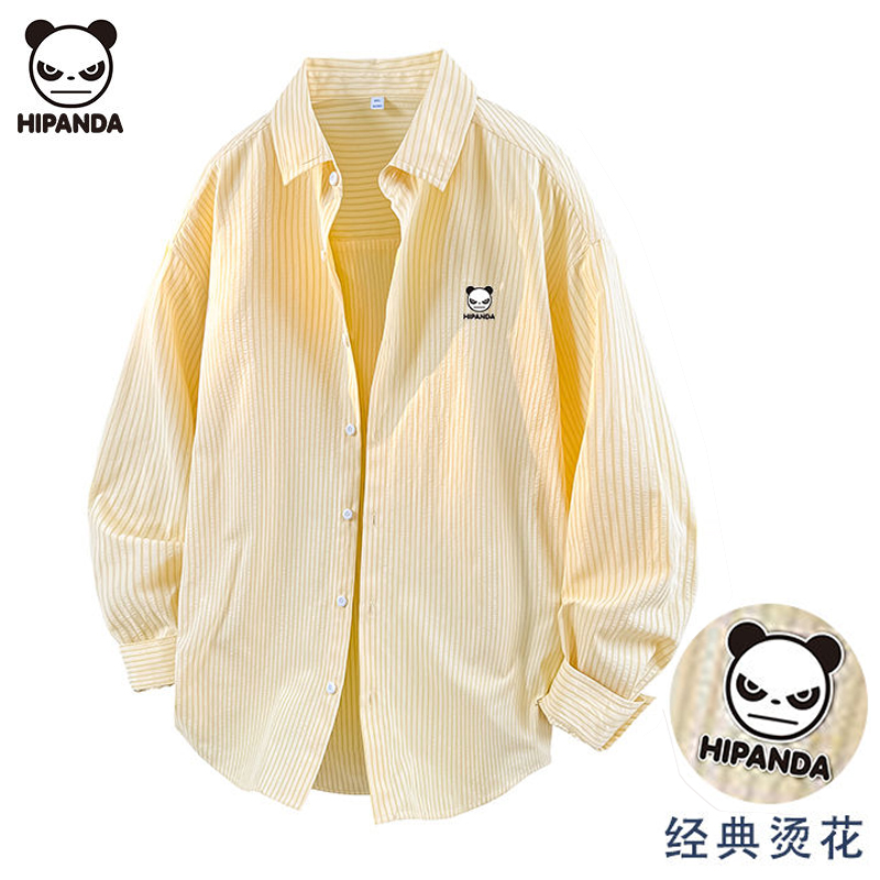 Hi Panda长袖衬衫夏季薄款印花情侣休闲慵懒细条纹褶皱感衬衫外套