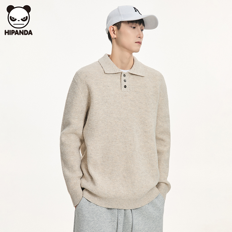 Hi Panda纯色潮牌polo领针织衫男士秋冬新款高级感宽松翻领毛衣潮