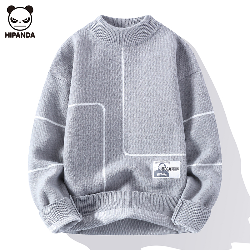 Hi Panda潮牌男士毛衣圆领加绒加厚冬季宽松针织打底撞色保暖上衣