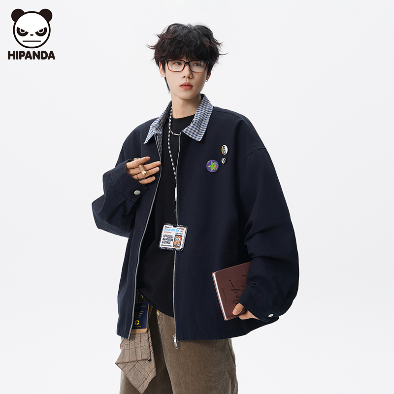 Hi Panda高级感撞色翻领夹克男生秋冬新款双面穿美式高街痞帅外套