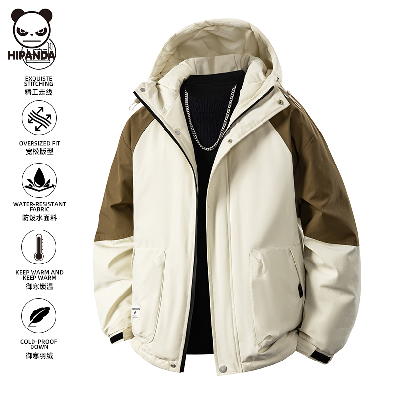 Hi Panda潮牌撞色连帽羽绒服男女同款冬季加厚保暖户外工装外套潮