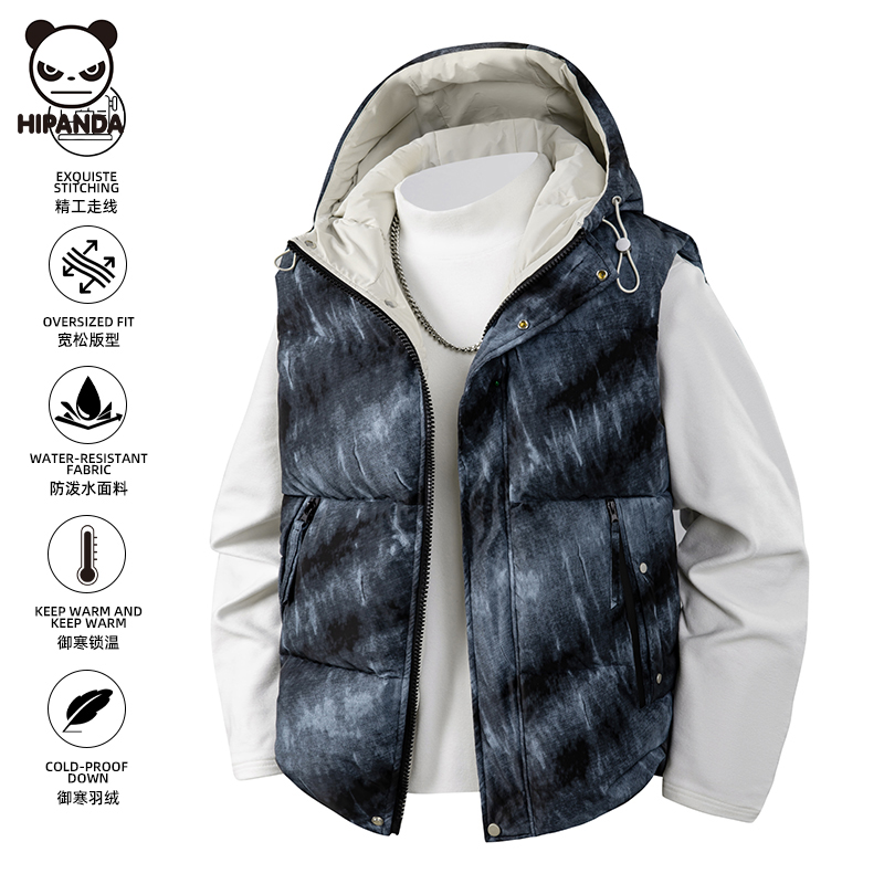 Hi Panda大码宽松鸭绒羽绒马甲男士冬季新款加厚连帽保暖坎肩马夹