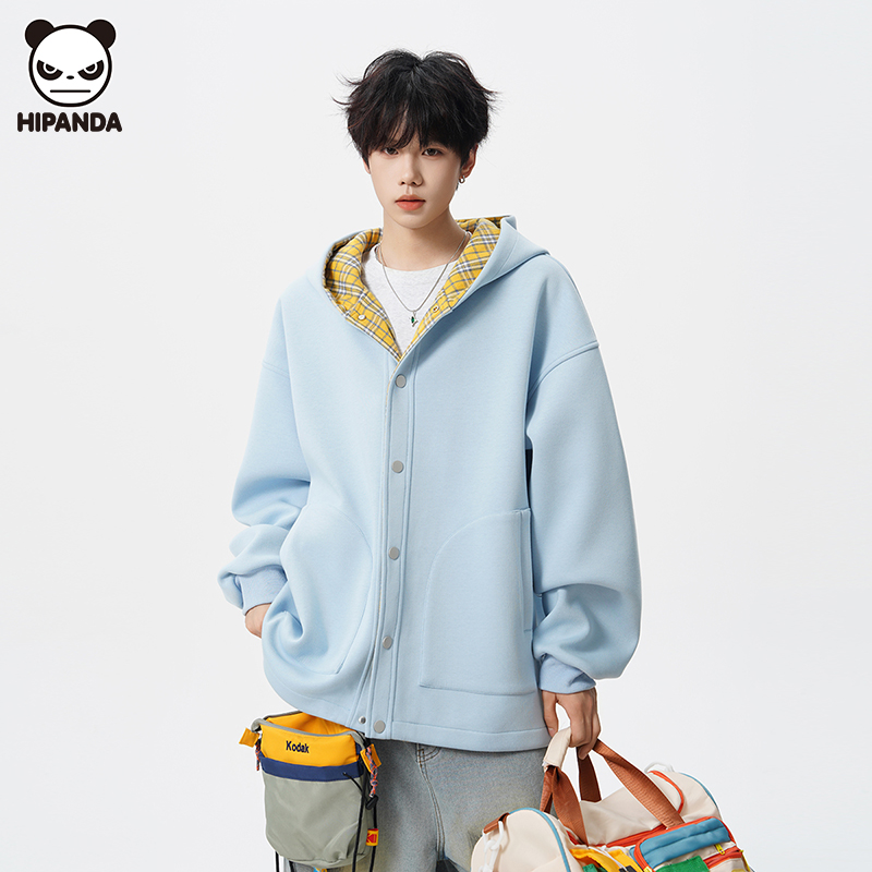 Hi Panda美式高街连帽格子开衫卫衣男生秋冬新款宽松潮牌百搭外套