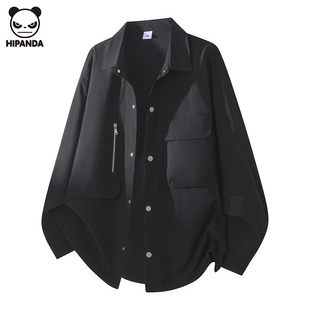 Hi Panda简约长袖衬衫男士春季百搭口袋设计痞帅男生纽扣宽松外套