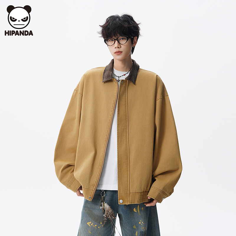 Hi Panda潮牌纯棉撞色翻领夹克男秋冬新款美式宽松休闲飞行员外套