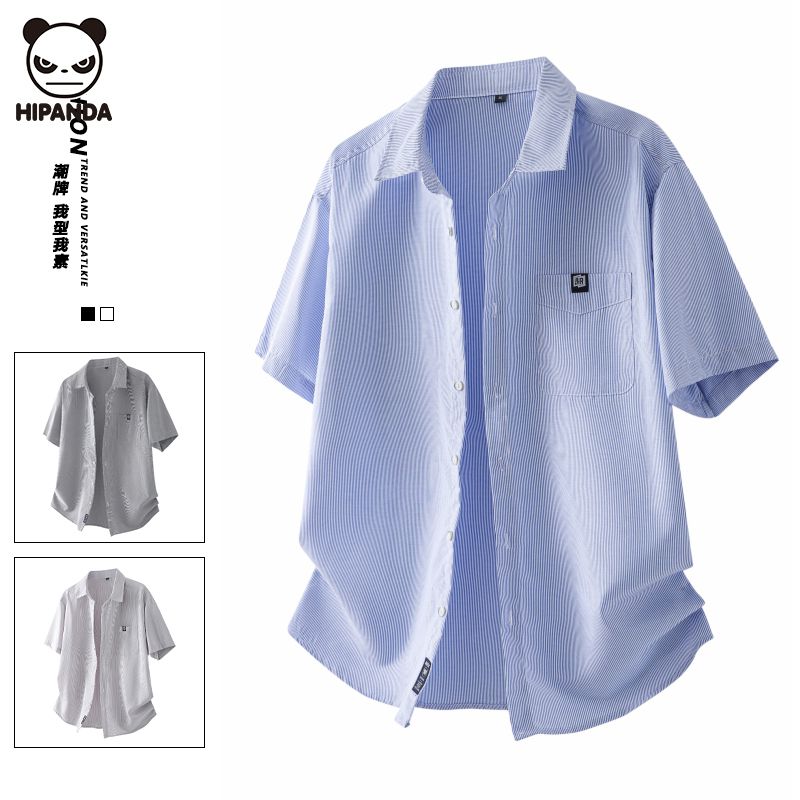 Hi Panda短袖衬衫潮牌夏季宽松休闲薄款条纹爆款立体裁剪男士上衣