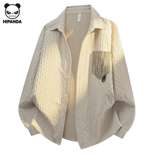 Hi Panda条纹长袖衬衫男士春季百搭口袋设计痞帅男生宽松菱格外套