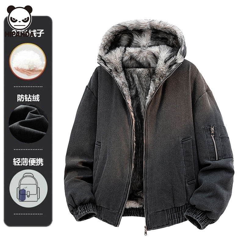 Hi Panda美式复古连帽毛领羽绒服男女款冬季加厚保暖高街潮牌外套