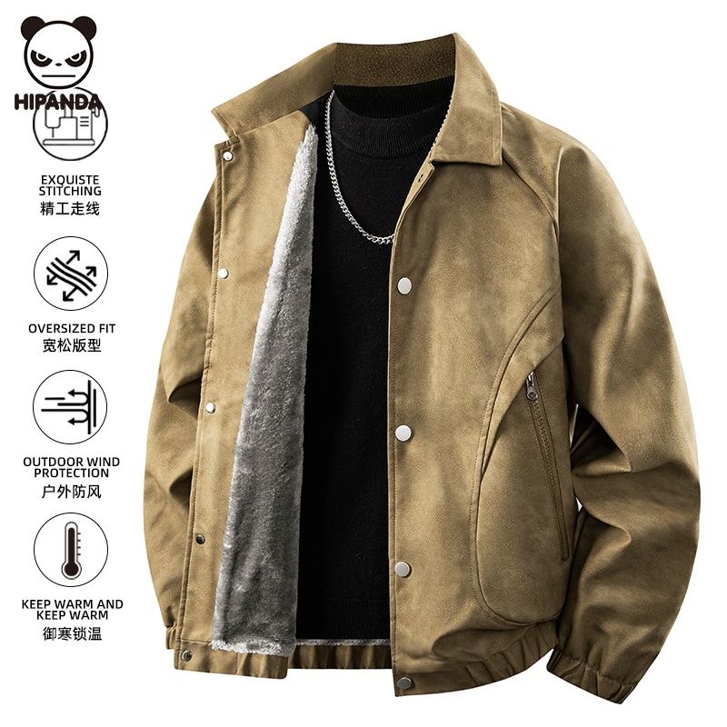Hi Panda加绒加厚夹克外套男生冬季新款美式潮流翻领高街痞帅上衣