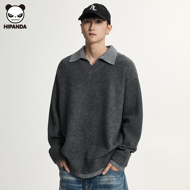 Hi Panda美式潮牌老钱风翻领毛衣男款秋冬新款假两件V领针织上衣