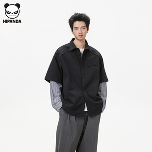 Hi Panda春季新款休闲假两件衬衫男女潮牌宽松拼接条纹情侣款衬衣